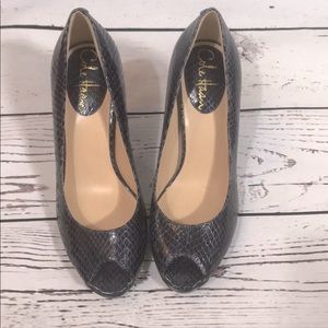 Cole Haan Navy Snakeskin Peeptoe Pumps